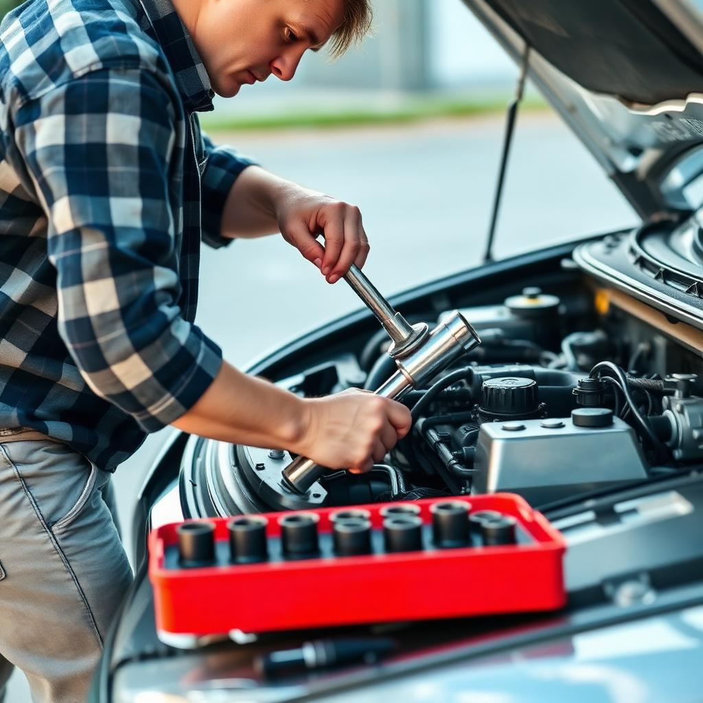Manutenção no motor do carro com o kit de ferramentas